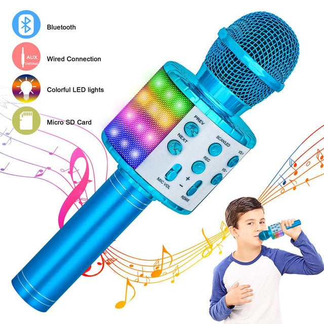 Wireless Karaoke Microphone Bluetooth Portable Speaker LED Lights Record Function for Kids