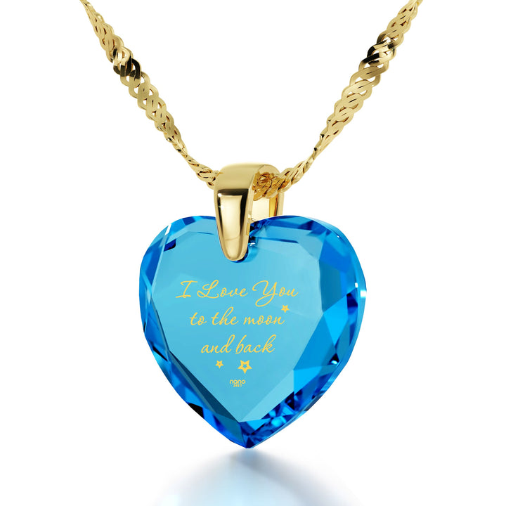 Gold Plated Silver I Love You to The Moon and Back Necklace 24k Gold Inscribed Heart Cubic Zirconia Pendant