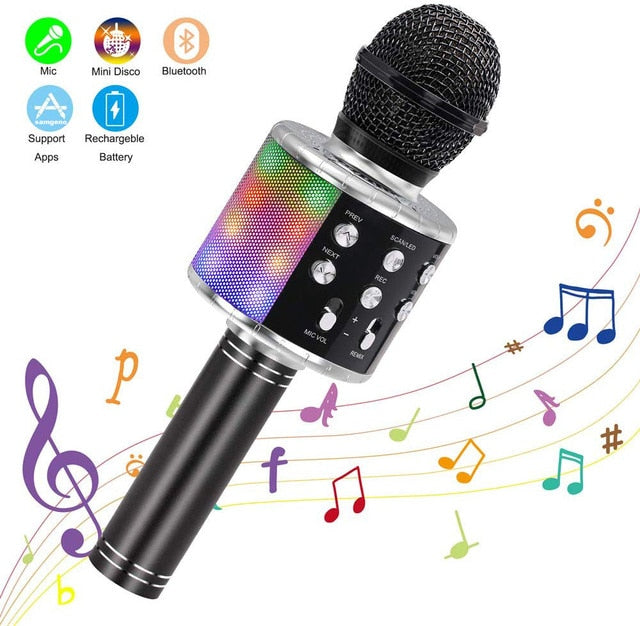 Wireless Karaoke Microphone Bluetooth Portable Speaker LED Lights Record Function for Kids