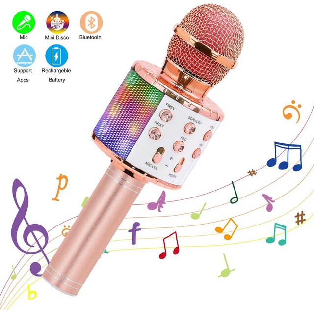 Wireless Karaoke Microphone Bluetooth Portable Speaker LED Lights Record Function for Kids