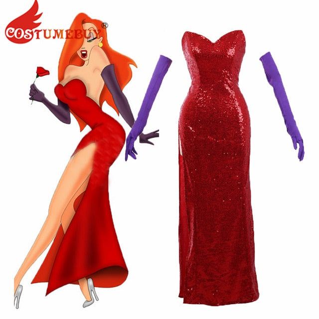 Jessica Rabbit Cosplay Red Dress High Split Sequined with Purple Gloves