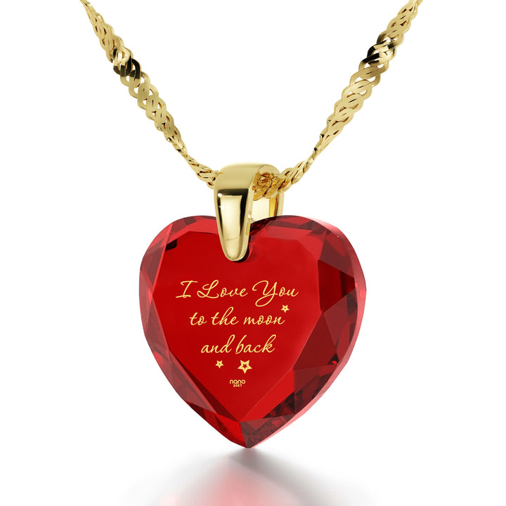 Gold Plated Silver I Love You to The Moon and Back Necklace 24k Gold Inscribed Heart Cubic Zirconia Pendant