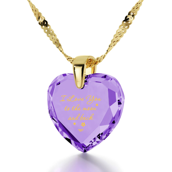 Gold Plated Silver I Love You to The Moon and Back Necklace 24k Gold Inscribed Heart Cubic Zirconia Pendant