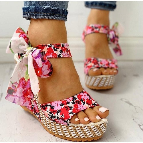 Beach Boho Floral Wedge Sandals