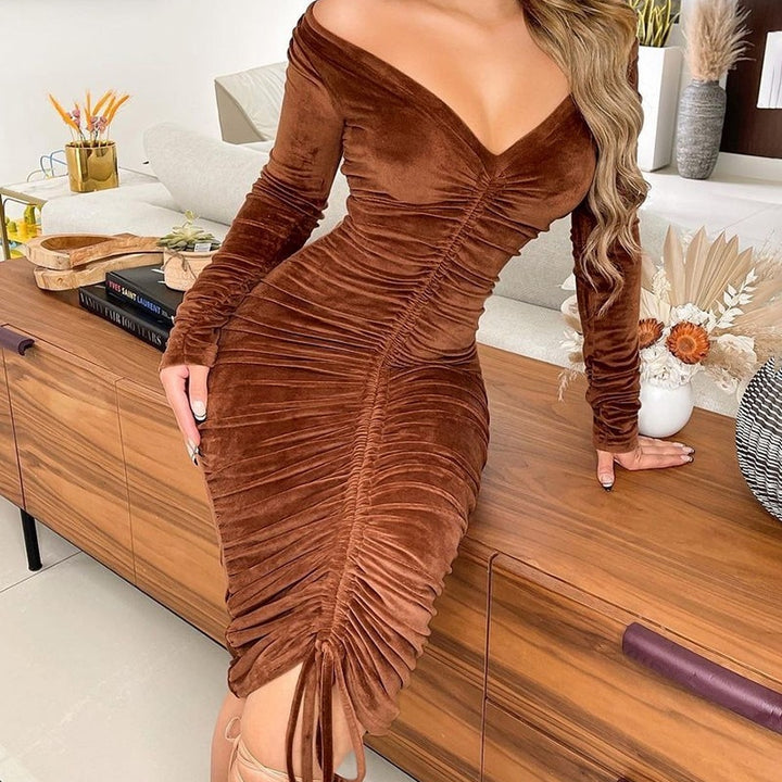 Velvet Drawstring Off Shoulder Midi Dress