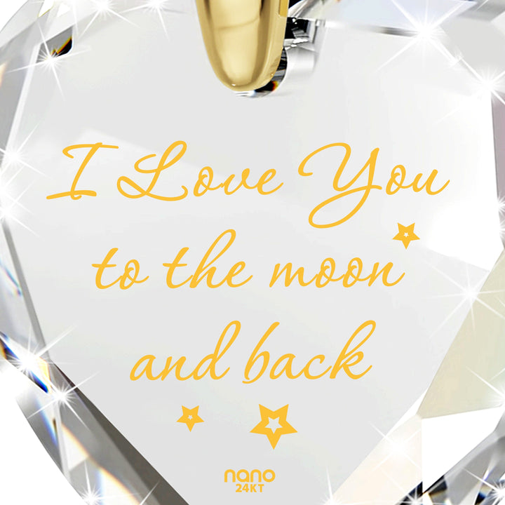 Gold Plated Silver I Love You to The Moon and Back Necklace 24k Gold Inscribed Heart Cubic Zirconia Pendant