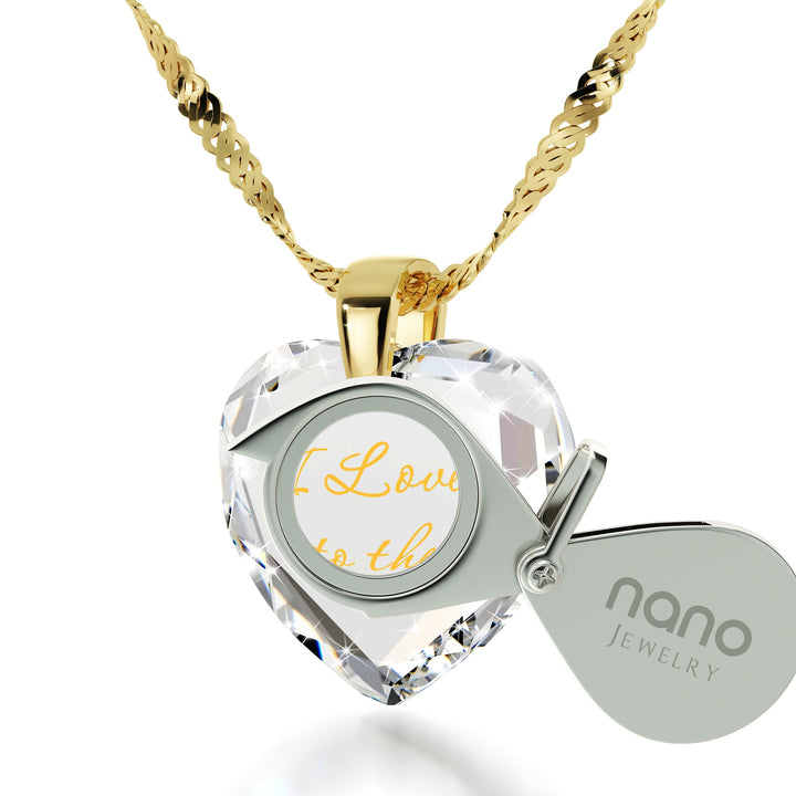 Gold Plated Silver I Love You to The Moon and Back Necklace 24k Gold Inscribed Heart Cubic Zirconia Pendant