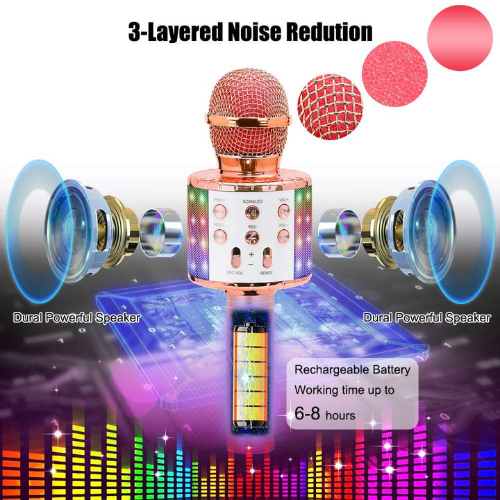 Wireless Karaoke Microphone Bluetooth Portable Speaker LED Lights Record Function for Kids