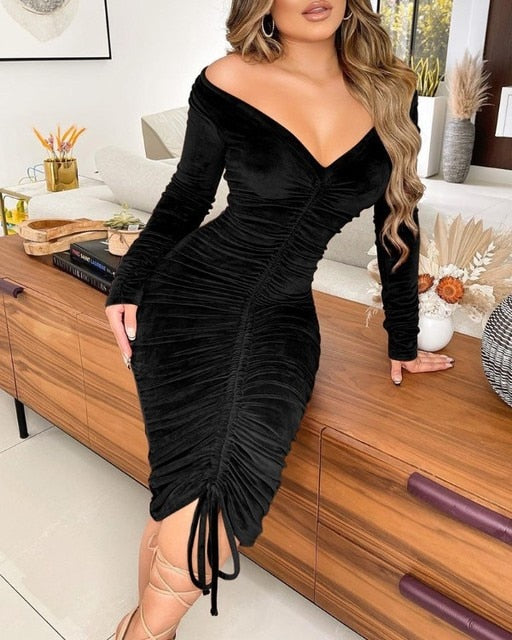 Velvet Drawstring Off Shoulder Midi Dress