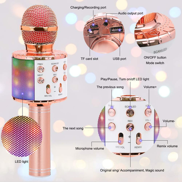 Wireless Karaoke Microphone Bluetooth Portable Speaker LED Lights Record Function for Kids